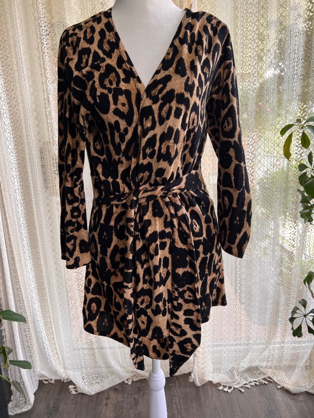 INC International Concepts Black and Brown Leopard Print Wrap Sweater Cardigan